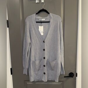 ZARA Oversized Ribbed Knit Cardigan Gray Button Front Pockets NWT Size S